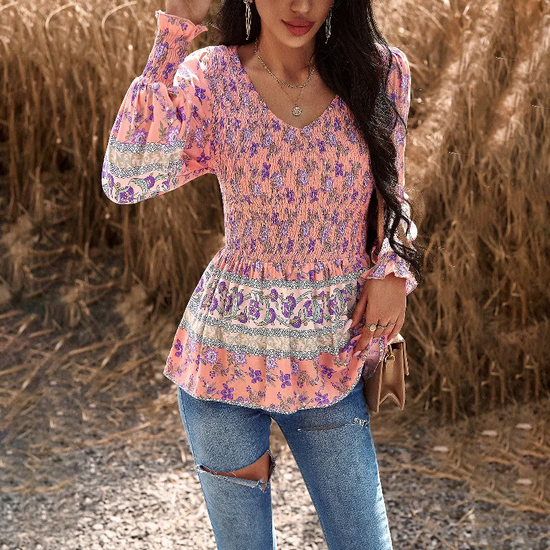 Slim Floral Print Long Sleeve V-Neck Top Wholesale Womens Tops Athletic Women's 