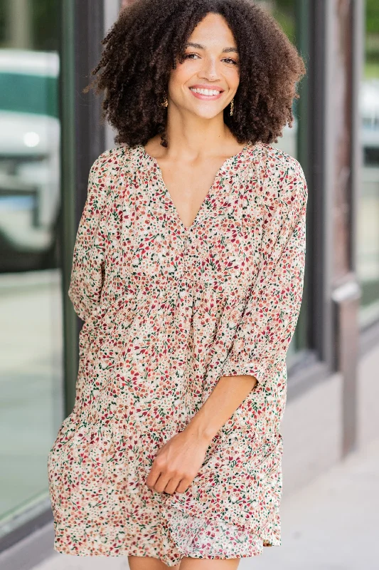 Can't Be Outdone Beige Brown Ditsy Floral Dress Elegant Women's Formal 