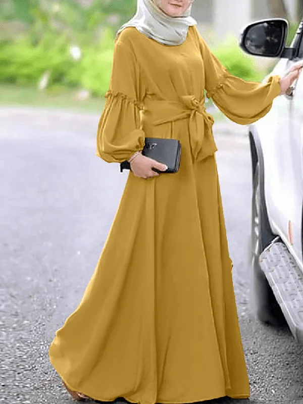 Women Long Sleeve Solid Color Belted O-Neck Button Maxi Dress European
