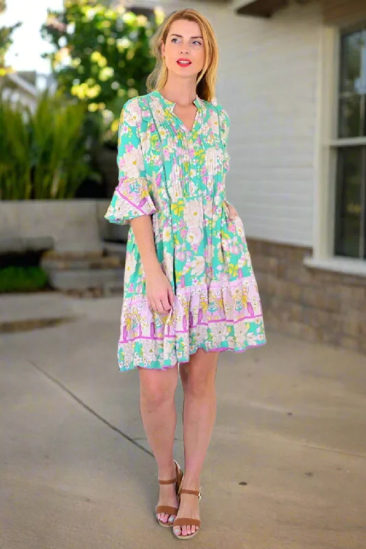 Green Floral Print Bohemian Dress Dynamic Women's High - energy