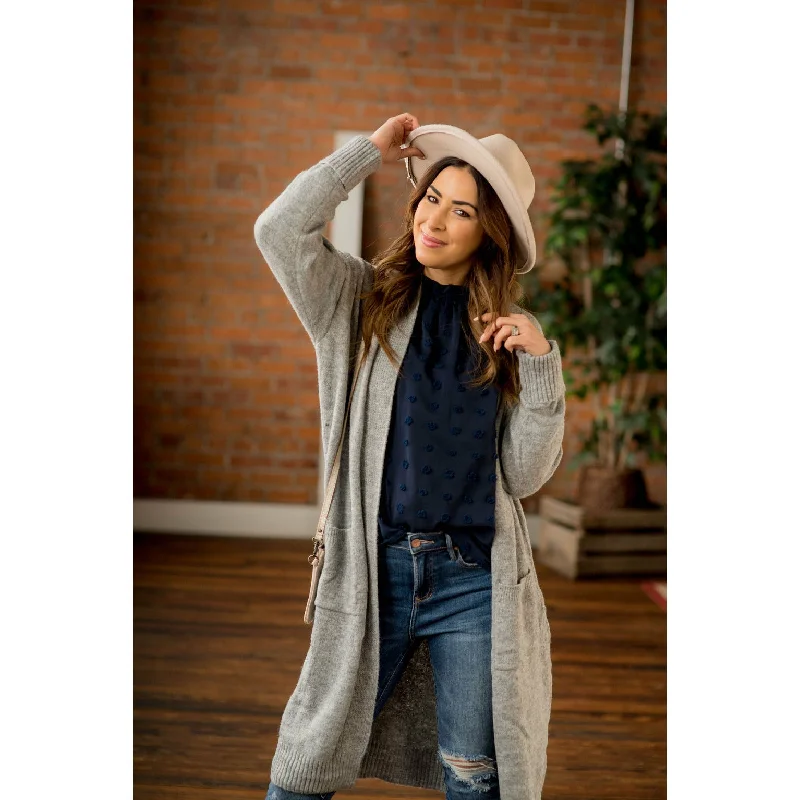 Textured Trim Tunic Pocket Cardigan Monochromatic All - in - one