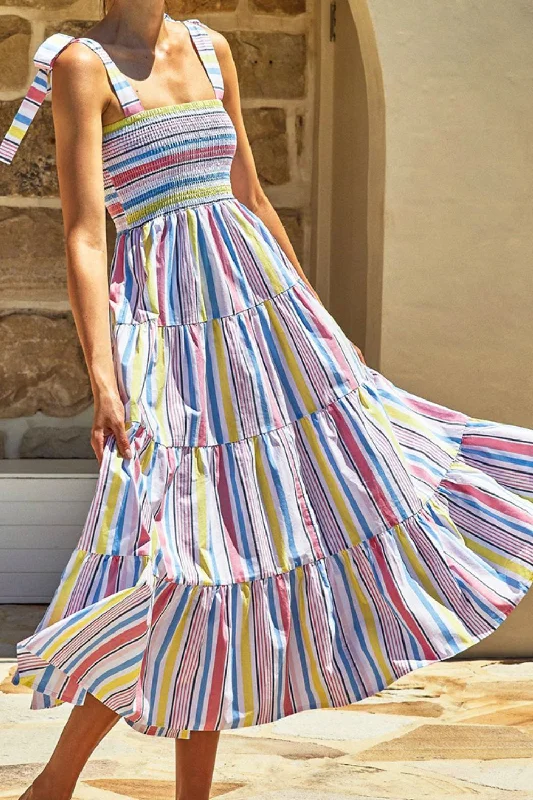 Striped Tie-Shoulder Smocked Tiered Dress Bohemian Women's Free