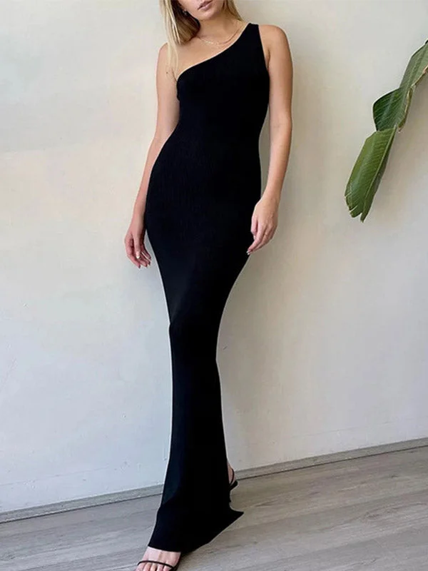 Backless Split One Shoulder Ribbed Maxi Dress Edgy Women's Punk