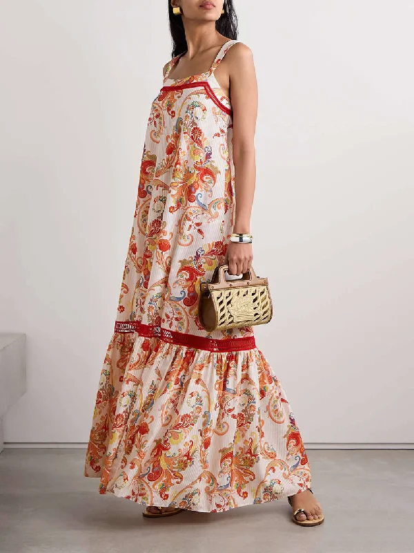 Modern Exquisite Paisley Crochet Graceful Trim Print Maxi Dress British Gentlewoman Style