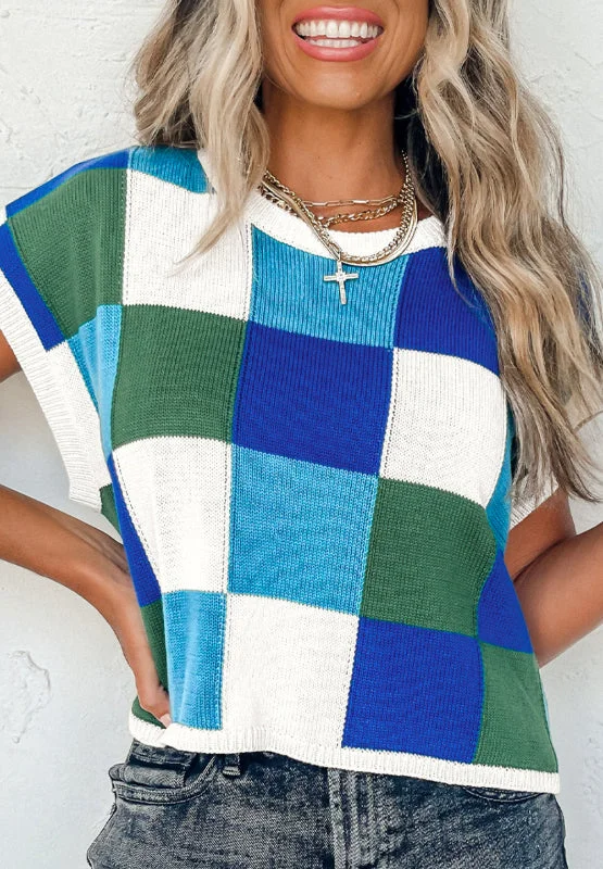 Contrast Plaid Round Neck Cap Sleeve Sweater Artistic Women's Avant - 