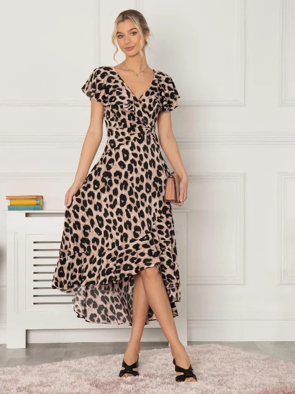 Jolie Moi Luciana Frilly Dipped Hem Dress, Pink Animal Dapper Women's Bow - adorned