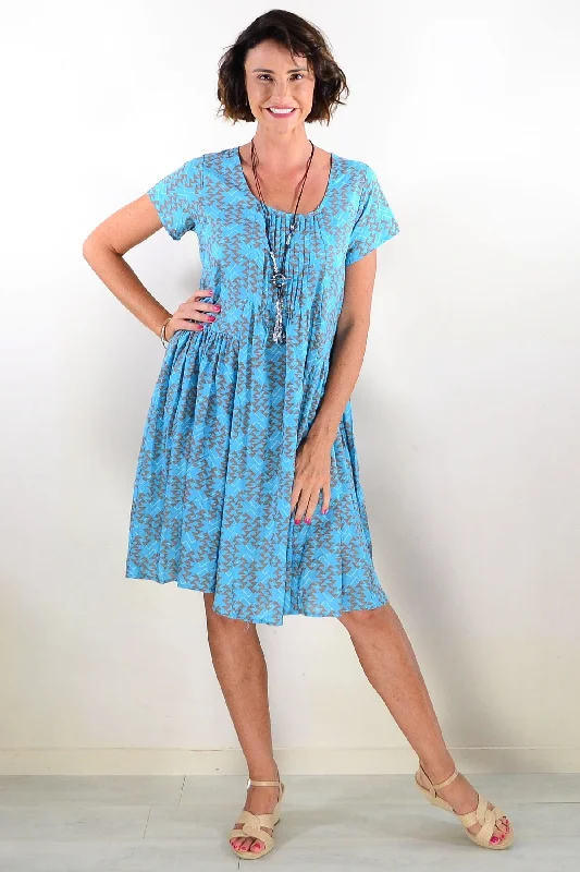 Aqua Triangles Pintuck Pleats Tunic Dress Hip Women's Retro