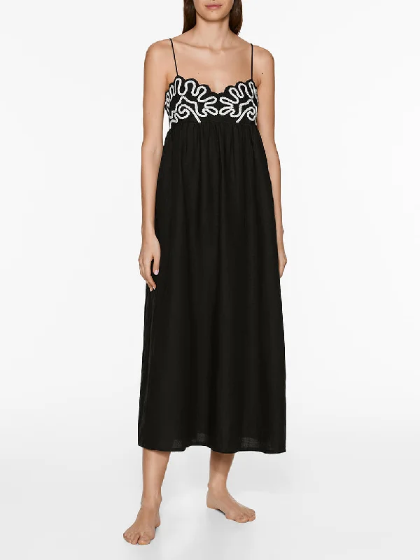 Classic Linen Floral Charming Patchwork Suspender Midi Dress Business