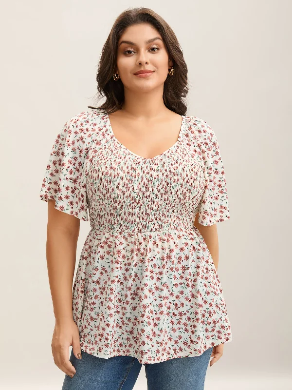 Floral Print Shirred Flared Sleeve Top Stylish Women's Tropical 