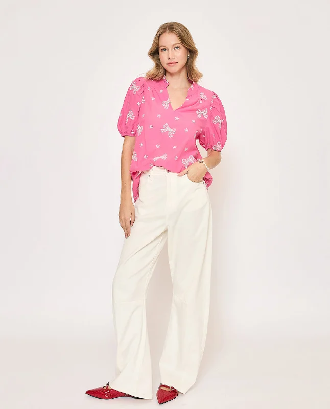 Ribbon Embroidery Top with V-Neck and Cuff Sleeves Dapper Women's Bow - adorned