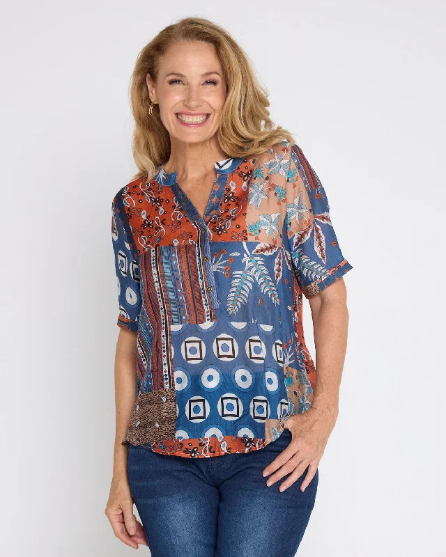 Amira Top - Rust Patchwork Casual Women's Loose - fitting