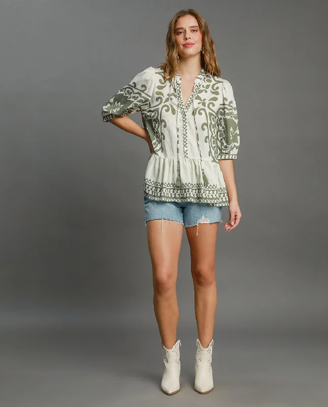 Abstract Border Print Top Relaxed Women's Beachy