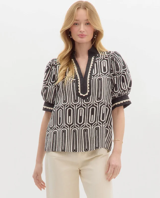 Split Neck Print Top with Cuffed Sleeves Australian Beach