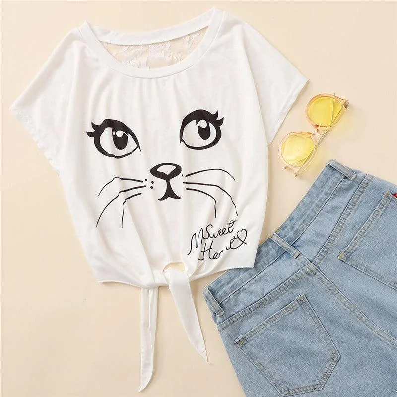 KITTEN FACE & LOTS OF LACE CROPPED TOP Streetwear Style for 