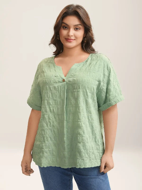 Textured Pleated Front Button T-Shirt Trendy Women's 