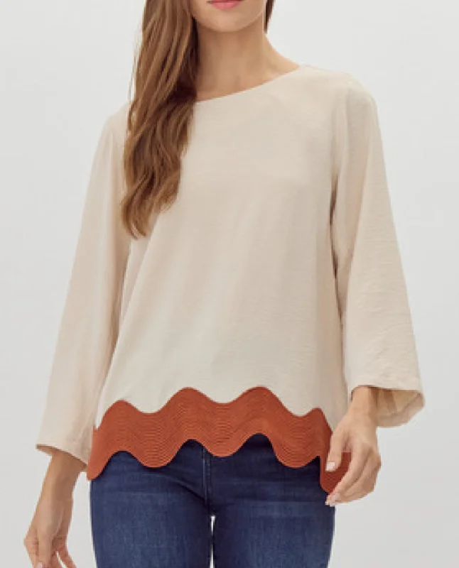 U-Neck Top with Ribbed Swirl Hemline Cool Women's Distressed