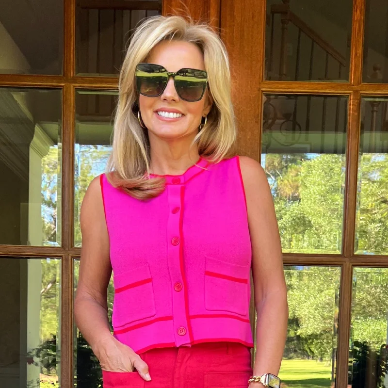 Kyra Sweater Vest | Pink with Red Trim Monochromatic Office Style