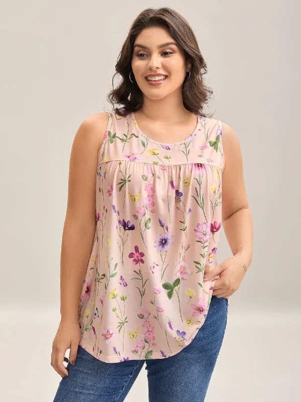 Floral Print Flowy Pleated Tank Top Women