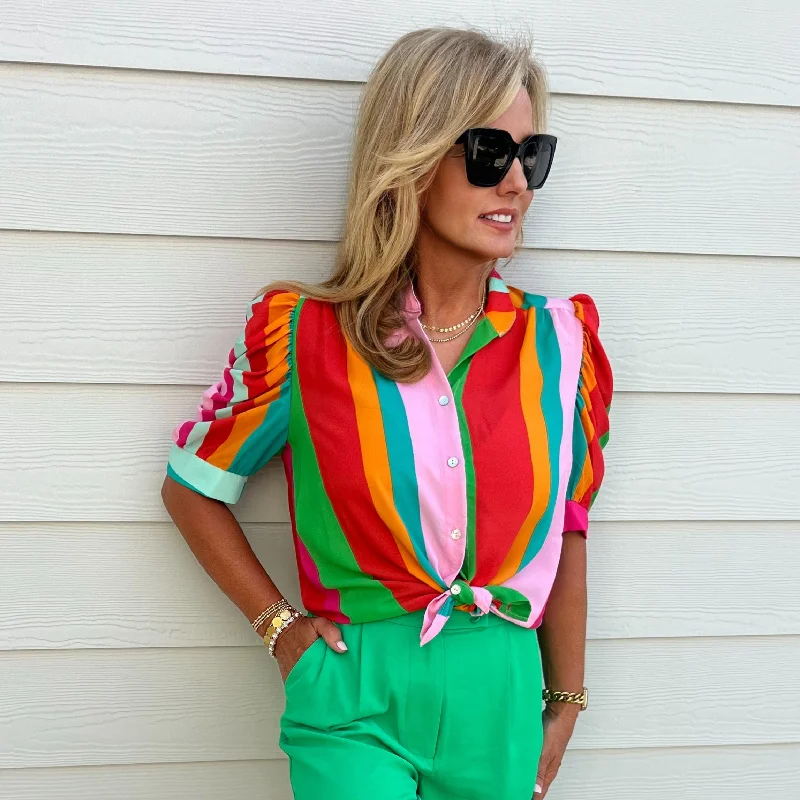 Adia Puff Sleeve Button Down Top | Summer Stripe garde