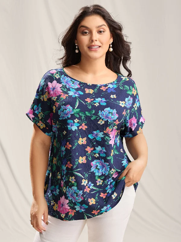 Floral Affair Print Wrinkled Fabric Blouse Sleek Women's 
