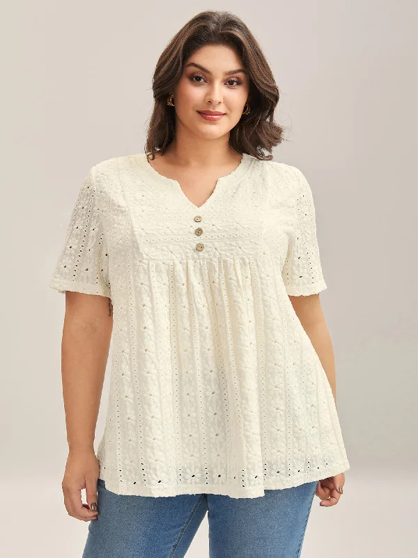 Textured Pleated Split Neck T-Shirt Scandinavian
