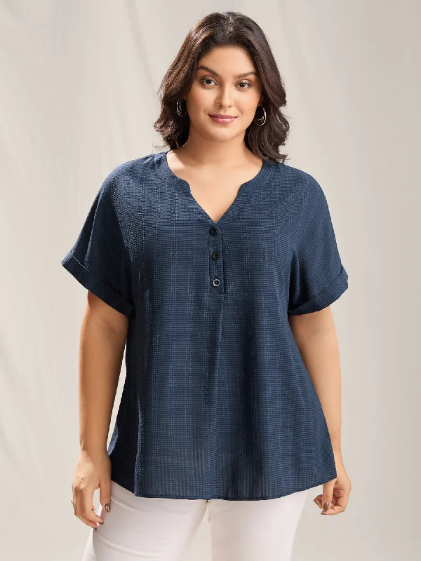 Textured Half Placket Split Neck Shirt Youthful Women's Pop