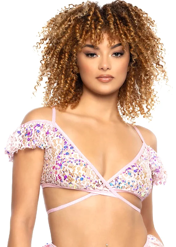 Love Story Sequin Lace Ruffle Wrap Top Women