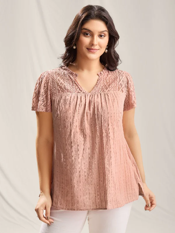 Sheer Notched Collar Textured Spliced Blouse Elegant Women's Formal 