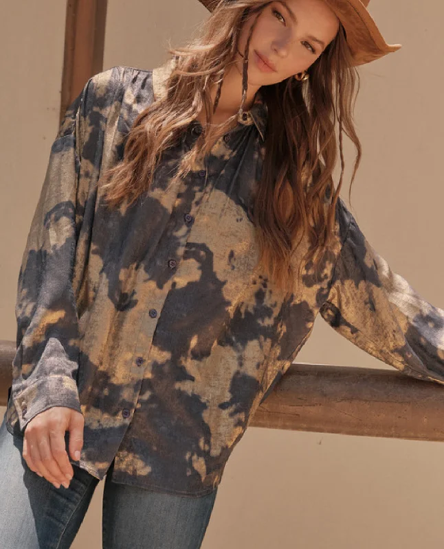 Metallic Button Down Top Artistic Women's Hand - painted