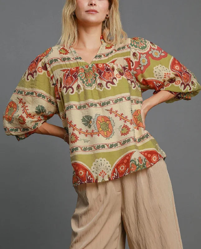 Border Print Split Neck Top Refined Women's 