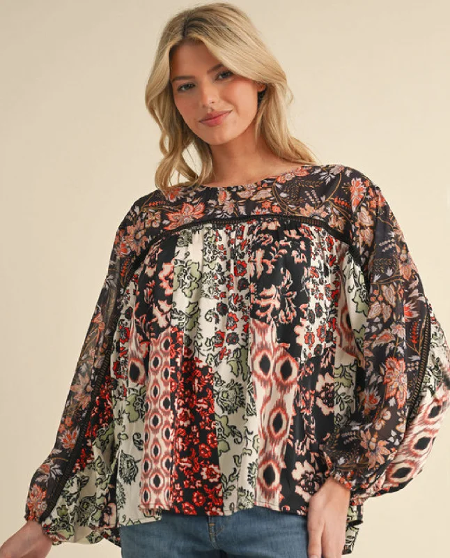 Multi-Color Floral Top with Voluminous Sleeves Stylish Women's Tropical 