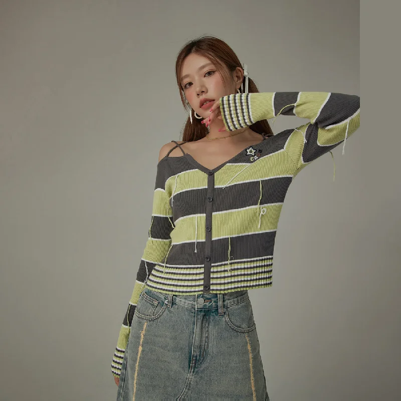 Color Combination Stripe Off The Shoulder Knit Sweater Tough Women's Military - inspired