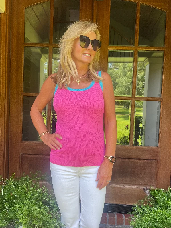 Tammi Tank Top | Pink with Turquoise Trim Dapper Women's Bow - adorned