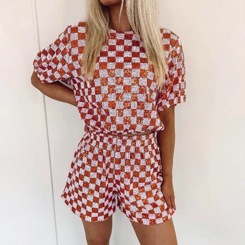 Orange Checkered Top Luxurious Women's High -  end