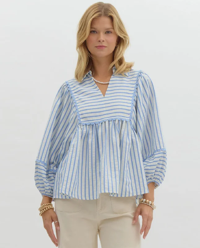 Blue Ruffle Trim Striped Top Minimalist Women's Casual