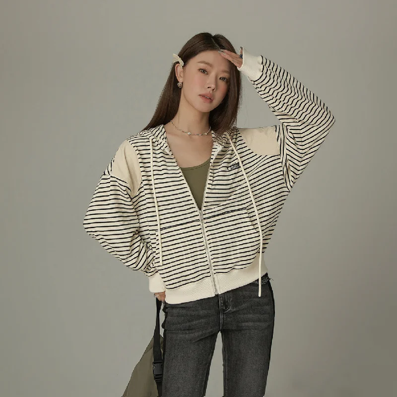 Stripe Hooded Drawstring Loosefit Zip-Up Modern Women's 