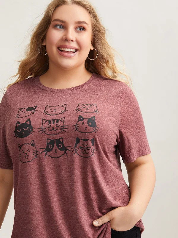 Playful Cats Print Crew Neck T-Shirt Cashmere