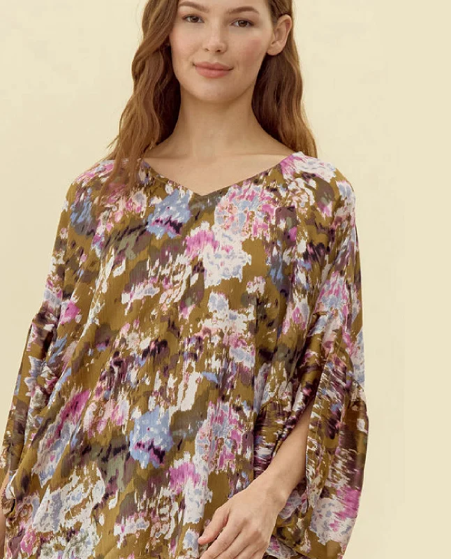 Abstract Floral Print Top with Draped Sleeves Bold Women's Statement