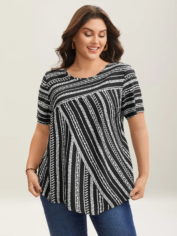 Striped Overlap Print Curvy Hem Blouse Cozy Women's Winter