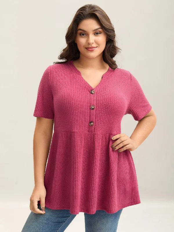 Textured Notched Neck Button Plain T-Shirt Modern Women's 