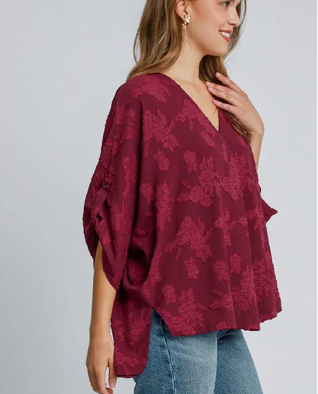Burnout V-Neck Oversized Floral Top Casual Women's Japanese 