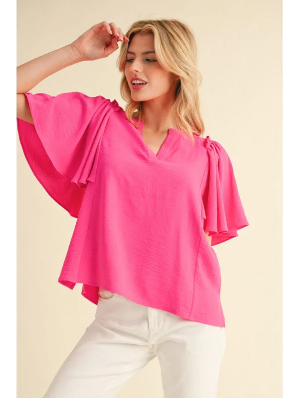 Solid Top with Split Neck Frilled Butterfly Short Sleeves Elegant Women's 