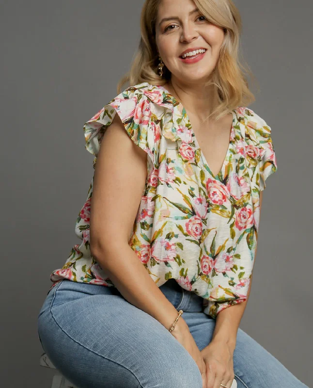 Plus Floral Print V-Neck Top with Ruffle Sleeves Geometric