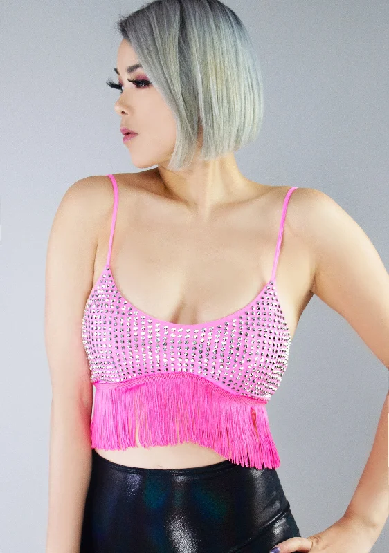 Dollhouse Disco Rhinestone Fringe Crop Top Unique Women's Upcycled