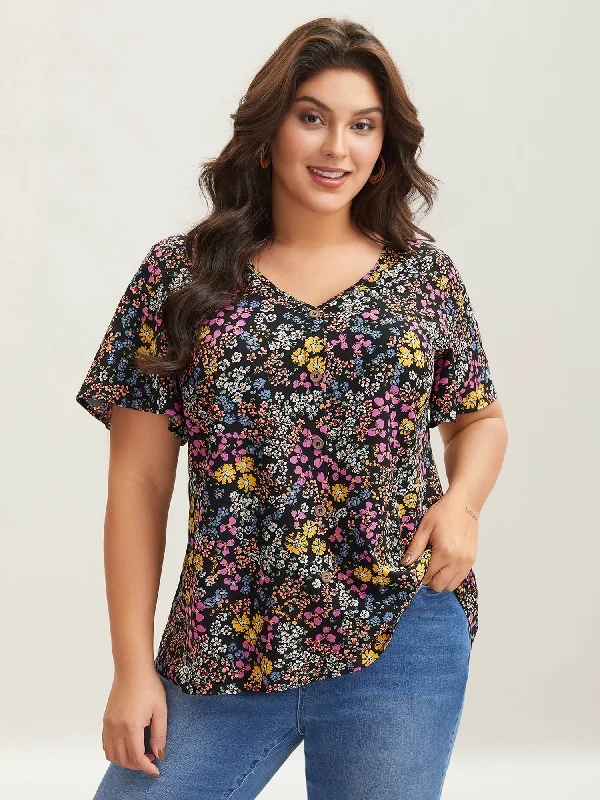 Floral Print V-Neck Flowy Blouse Practical Women's Quick - dry