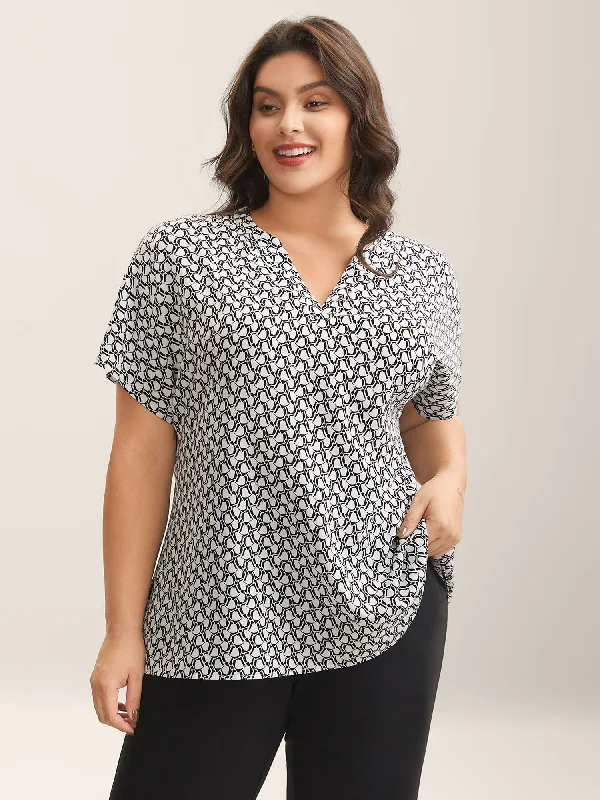 Geometric Print Notched Collar Blouse British Gentlewoman Style