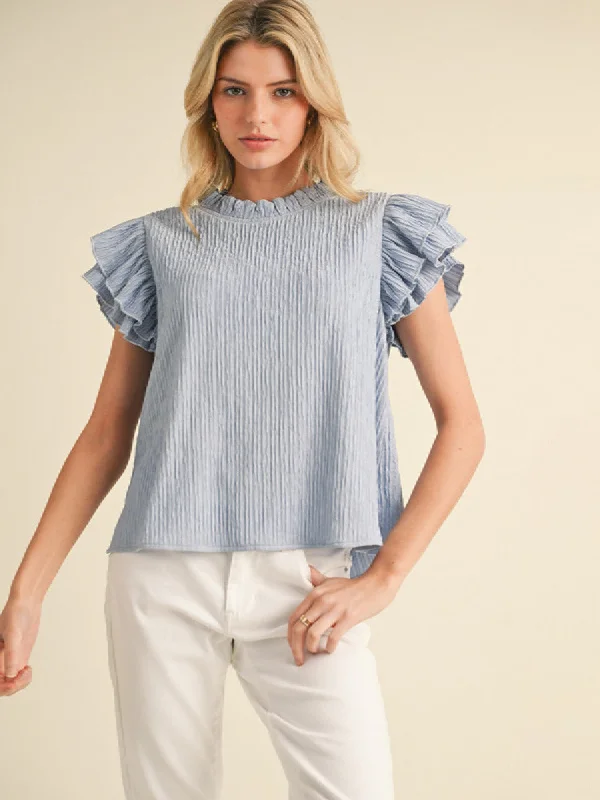 Textured Top with Frill Neck and Layered Trim Trendy Women's Oversized