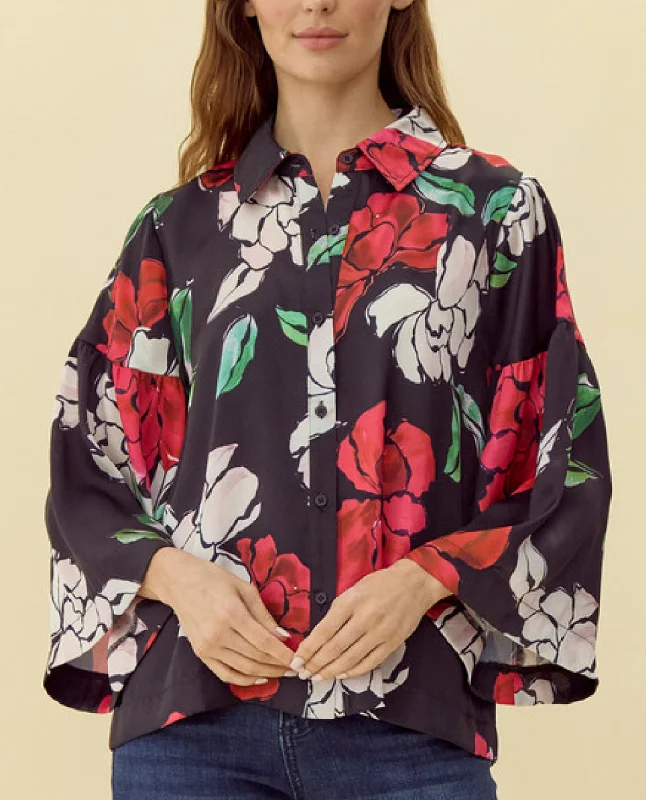 Satin Floral Collared Top Monochromatic All - in - one