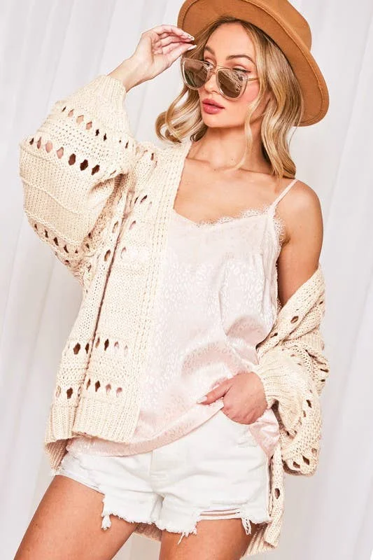 Open Front Balloon Sleeves Knitted Crochet Cardigan Refined Women's 