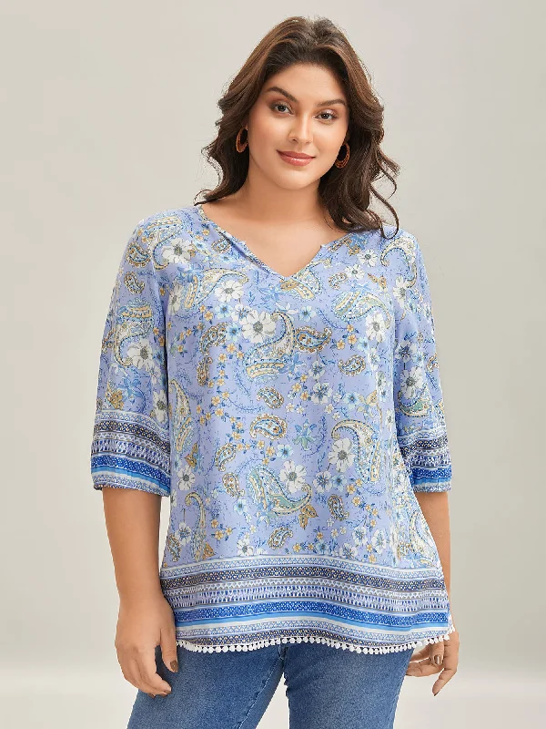 Paisley Print Lantern Sleeve Flowy Blouse Dapper Women's Bow - adorned